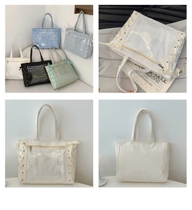 Detailed views of various color canvas tote bags with transparent PVC windows and bows