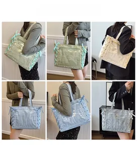 Detailed views of ribbon-tied tote bags with clear PVC pockets in multiple colors