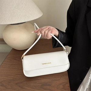 Women PU Leather Baguette Underarm Shoulder Bag Small Square Flap Handbag With Letter Print Solid Color Retro