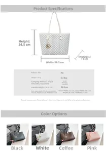 Detailed size specifications and multi-color options for the monogrammed tote bag