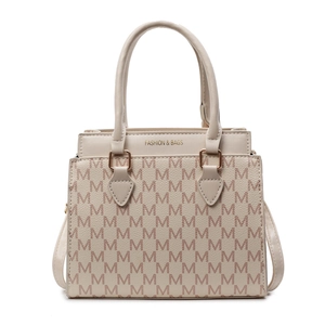 Schicke beige Tragetasche mit M-Monogramm-Muster und goldenem FASHION & BAGS Schriftzug