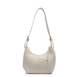 Minimalist white faux leather crescent underarm bag with single strap and gold zipper