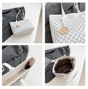 Detail shots of white tote bag showing M-pattern jacquard, gold charm, and interior pocket