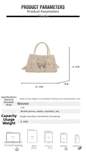 Detail showing dimensions and woven texture of small handbag with pink flower embroidery