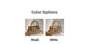 Detail view of woven straw tote bags in khaki and white featuring metal bow accents