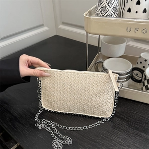 Sac à Bandoulière Tressé en Paille pour Femme Avec Chaîne et Perles Métalliques Petit Sac pour Vacances Plage