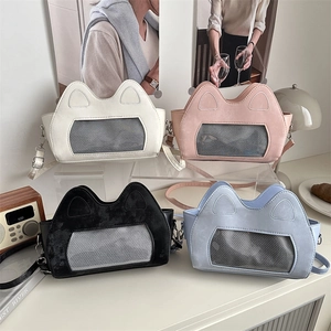 Cute Cat Ear Ita Bag For Women PU Leather Transparent Window Shoulder Crossbody Bag Niche Design Casual Daily Satchel Handbag