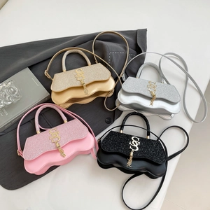 Women Glitter Sequin Crossbody Bag Wave Bottom Handbag Metal Logo Tassel PU Leather Small Fashion Party