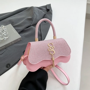 Chic pink sequin handbag with gold metal logo and wave-shaped bottom for women