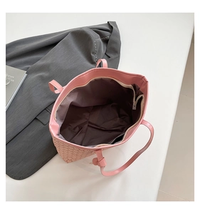 Pink tote bag interior view with large capacity and letter print for office commute