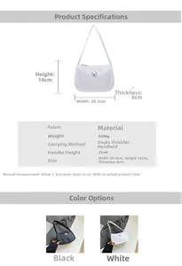 Detail view of nylon underarm bag showing size dimensions and metal butterfly ornament