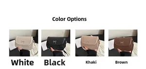 Mini flap crossbody bags shown in white, black, khaki, and brown with gold bow buckles