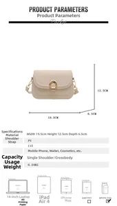 Detailed size chart for beige PU crossbody bag showing dimensions and item capacity