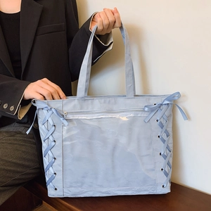 Light blue tote ita bag with ribbon cross-lace and transparent display window
