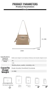 Detailed dimension chart showing 23cm width and capacity of the beige PU underarm bag