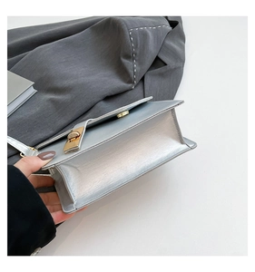 Detail of silver metallic textured crossbody bag with gold twist lock and interior view