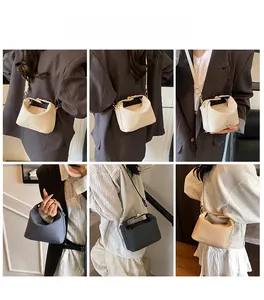 Lifestyle shots showing four colors of small crossbody bags on models in various settings