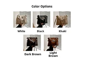 Detail showing five colors of leather tote bags with metal clasps and long straps