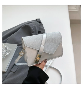 Detail of silver crossbody bag featuring woven texture flap and golden metallic clasp lock