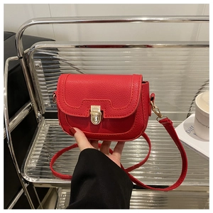 Close-up of red lychee textured saddle bag with golden metal square buckle detail