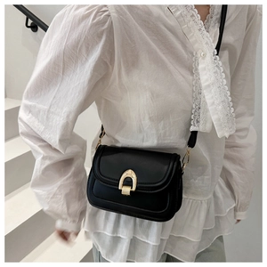 Detailaufnahme einer schwarzen Satteltasche mit goldener Hufeisenschnalle und PU-Leder