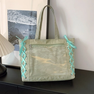 Large Capacity Canvas Ita Bag Sweet Japanese Tote Bag With Clear PVC Window Satin Ribbon Lace-up Bow Decor Shoulder Bag For Women