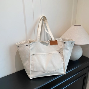 Grand Sac Fourre-Tout En Toile Coutures Contrastées Sac À Main Minimaliste Avec Poche Extérieure Femmes Quotidien