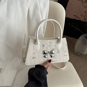 Woven Straw Handbag For Women Floral Embroidery Metal Bowknot Crossbody Shoulder Bag Versatile Elegant Chic