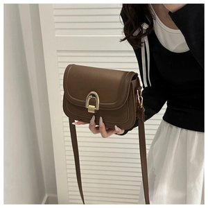 Detail der Vintage-Satteltasche mit goldenem U-Verschluss und brauner Ledertextur