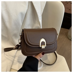 Close-up of a brown leather crossbody bag featuring a classic gold horseshoe lock buckle