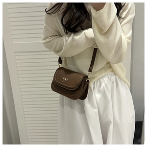 Detail of dark brown crossbody bag with a delicate gold bow accent on leather flap