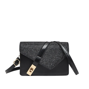 French vintage style small square crossbody bag with black leather and silver sequins