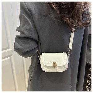 Détail d'un mini sac selle blanc en cuir grainé avec un fermoir tournant doré élégant