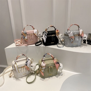Retro square handbag with silk scarf handle and plush pendant in five vibrant colors