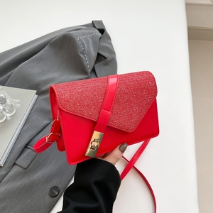 Chic red glitter crossbody bag for women with gold lock clasp in a trendy square shape