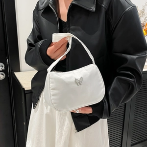 Minimalist white satin shoulder bag with silver butterfly charm for women's summer fashion