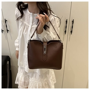 Detail of dark brown bucket bag featuring a vertical silver metal buckle and matte leather