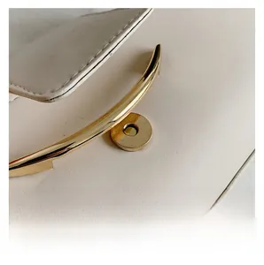 Close-up of beige leather handbag featuring magnetic closure and golden circular hardware