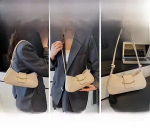 Three-way carry demonstration of beige crescent bag showing shoulder, crossbody and handbag use