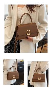 Detail of a brown PU square bag with gold oval buckle and adjustable shoulder strap
