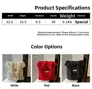 Polka dot chiffon tote bag with ruffle trim specification chart and color options