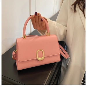 Detail of pink leather handbag showing golden oval metal buckle and top handle