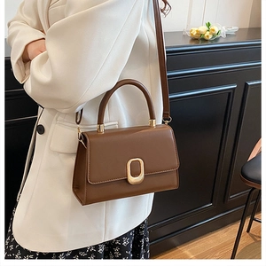 Brown leather crossbody bag detail featuring a gold oval clasp and sleek top handle