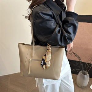 Minimalist khaki large tote bag with silk scarf decoration and front zipper pocket