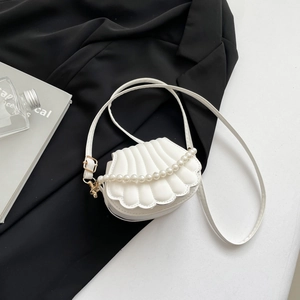 Elegant white shell-shaped evening bag with faux pearl chain and gold hardware