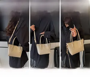Beige tote bag shown in three styles: shoulder carry, crossbody, and hand-held view