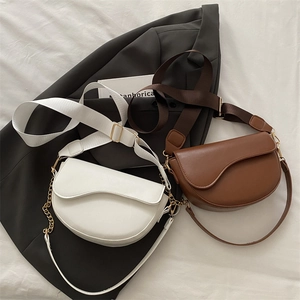 Retro faux leather saddle bag set with adjustable wide strap and chain in white and brown