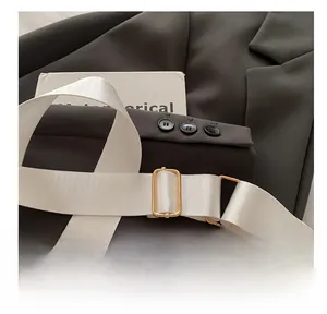 Detail of adjustable white nylon strap with golden buckle on a stylish saddle bag