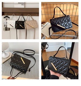 Detailed grid showing quilted diamond crossbody bags in black, white and beige colors