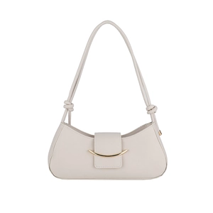 Fashionable beige underarm shoulder bag for women with gold metal buckle and knotted strap